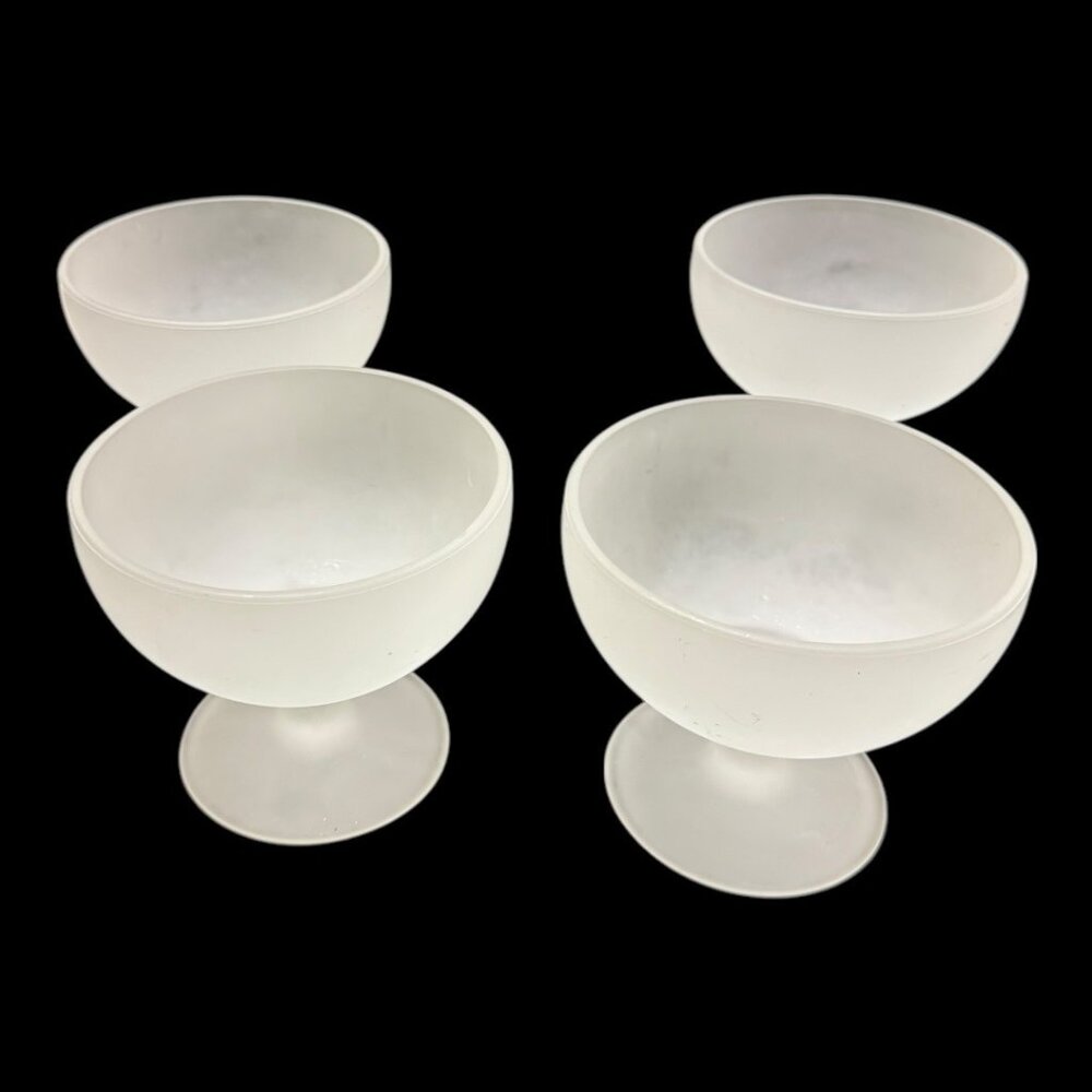 Set Of 4 Vintage Frosted Glass Dessert Ice Cream  Compote Footed  Bowls